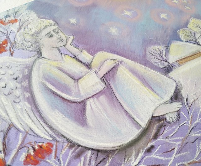 ロシア 天使の冬の絵 新年のパステル画 クリスマスの絵画 鳥 冬の