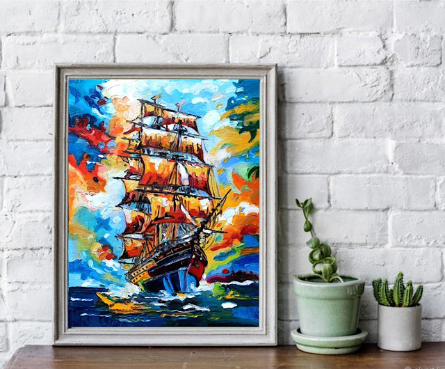 送料無料】ロシア 帆船アート 海の絵画 オリジナルアート 油絵