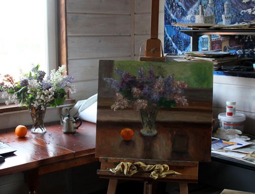 ロシア ライラックの絵画オリジナルの花アート花瓶の花束アートワーク