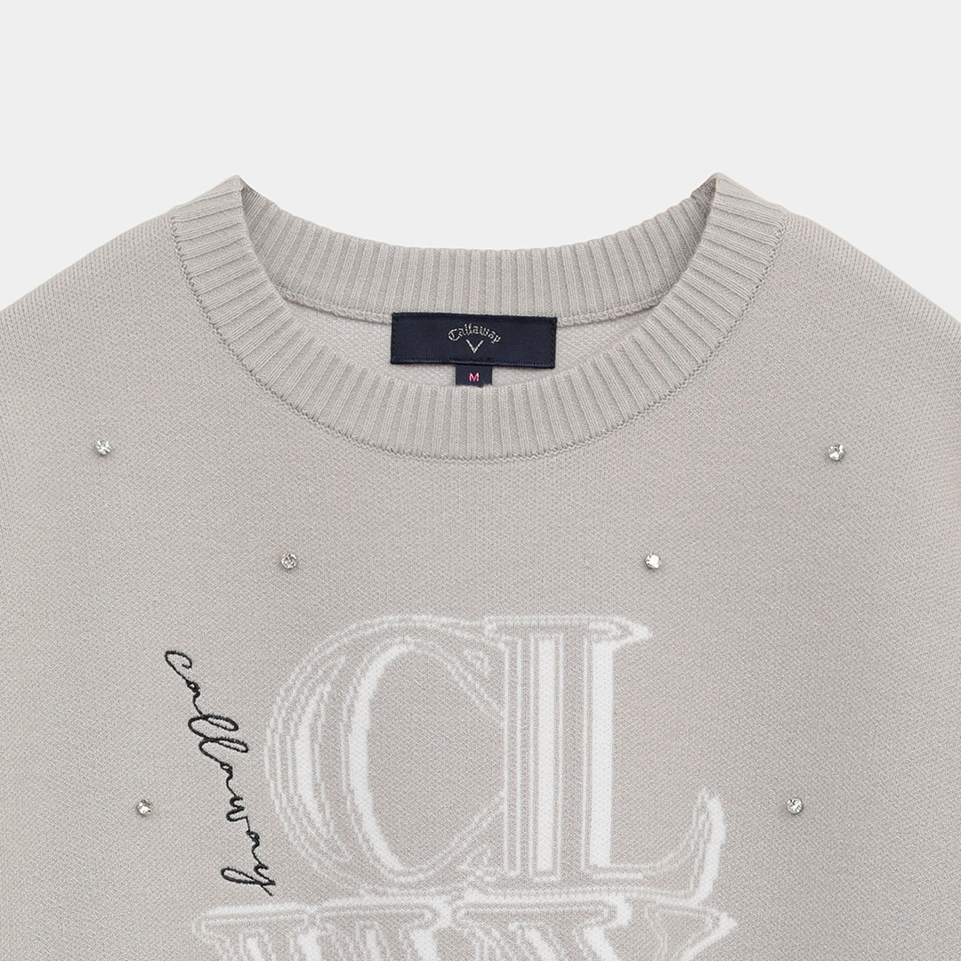 クルーネック長袖ラインストーン付きニット (WOMENS)