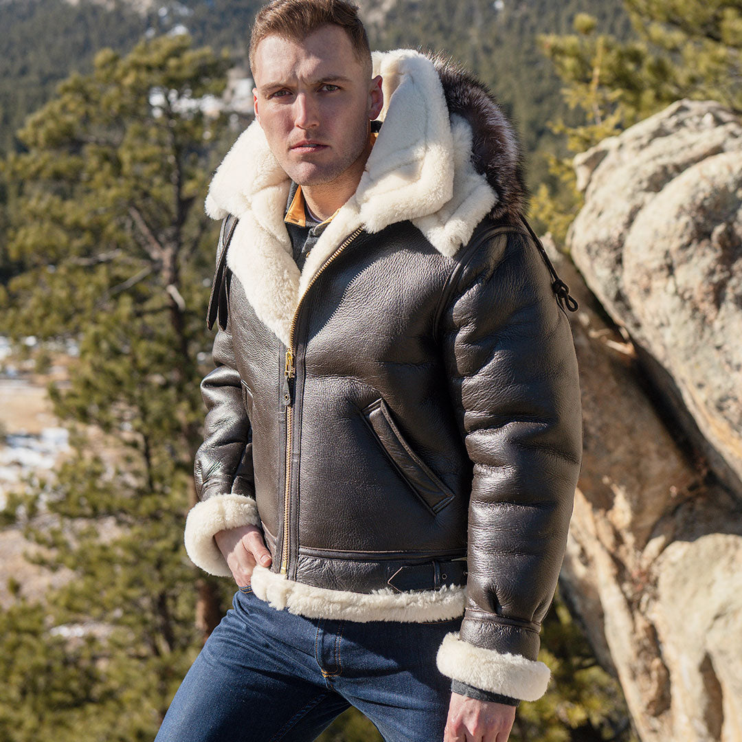 Men's B-3 Sheepskin Bomber Jacket - Fur-Hooded