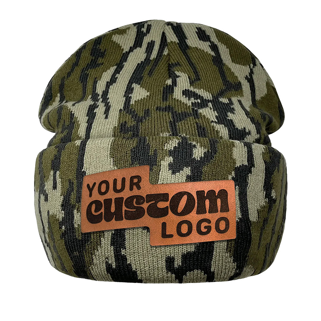 Custom Leather Patch Camo Beanie Mossy Oak Bottomland - Lost Hat Co.