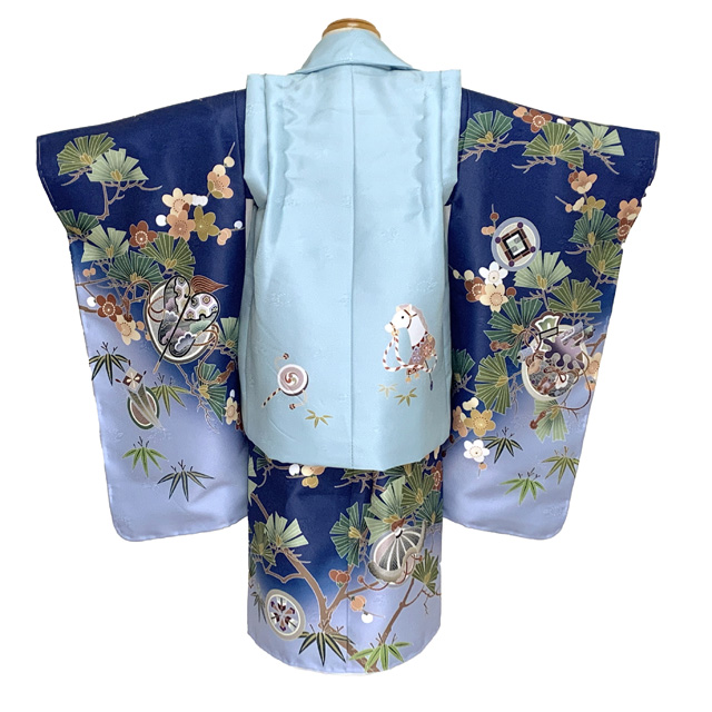 七五三 着物 3歳 男の子 被布コートセット 合繊【水色・濃淡青、古典柄