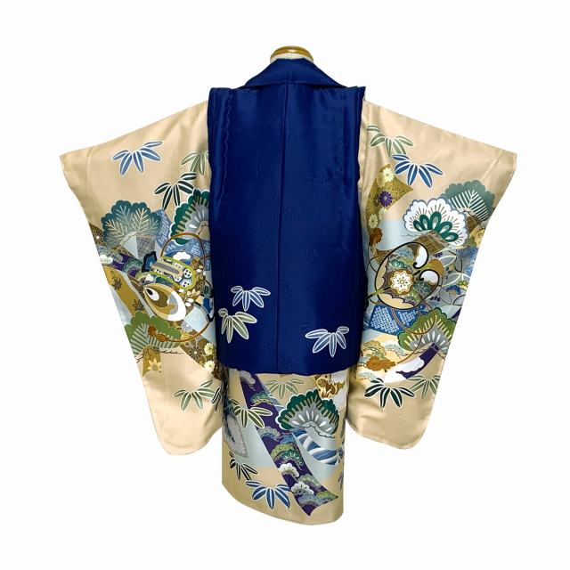 七五三 着物 3歳 男児 被布セット 合繊 フルセット 購入【紺xベージュ