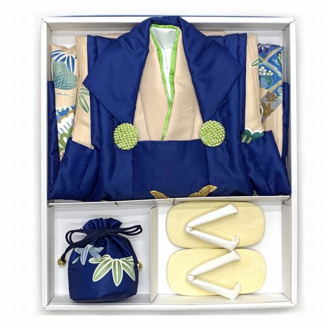 七五三 着物 3歳 男児 被布セット 合繊 フルセット 購入【紺xベージュ