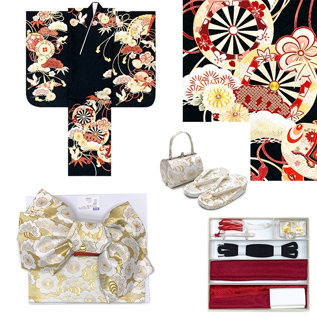 紅一点” ブランド 七五三 7歳 女の子 着物 フルセット 正絹【源氏車柄】