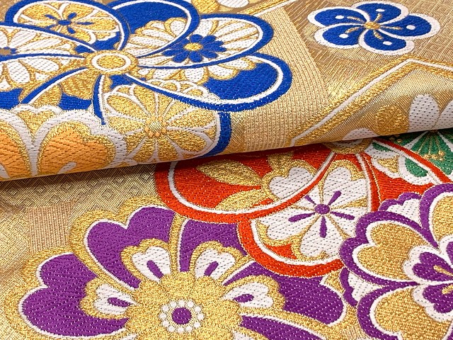 成人式の振袖に 振袖用 西陣織の袋帯 六通 仕立て上がり【金x赤、雪輪