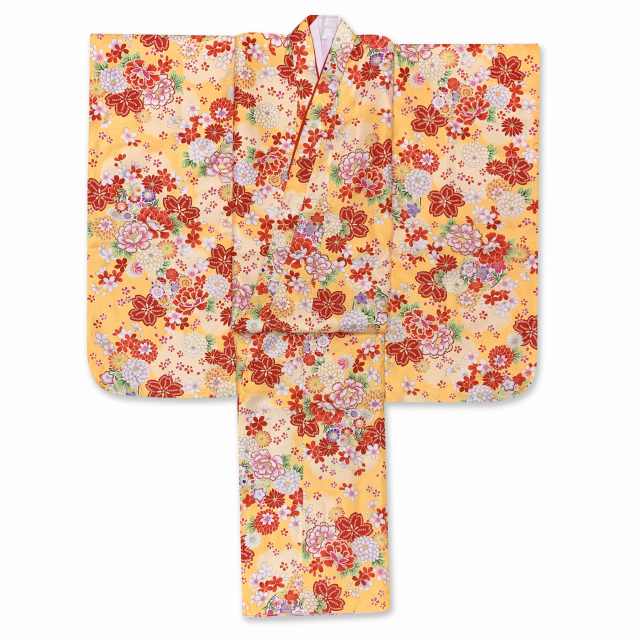 七五三 着物 7歳 女の子 総柄の子供着物 単品 合繊【黄色、菊と牡丹】