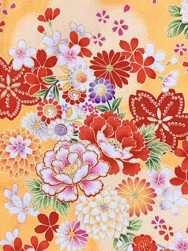 七五三 着物 7歳 女の子 総柄の子供着物 単品 合繊【黄色、菊と牡丹】