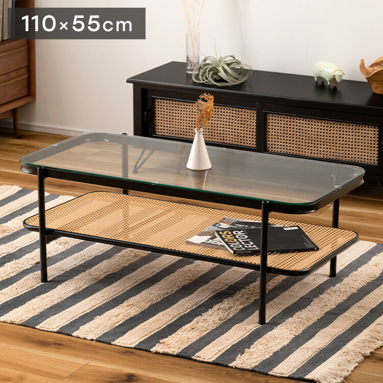 ガラステーブル ラタン 幅110cm リビングテーブル センターテーブル 籐