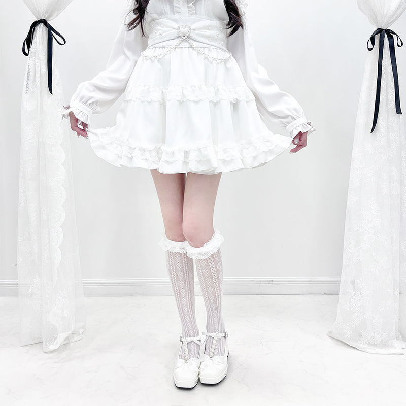 リボンパールチェーンレースフリルスカート – レディースファッション