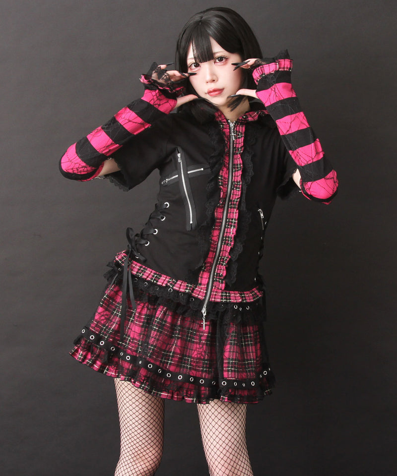 猫耳チェックフリルクモレースパンクショートトップス – レディース