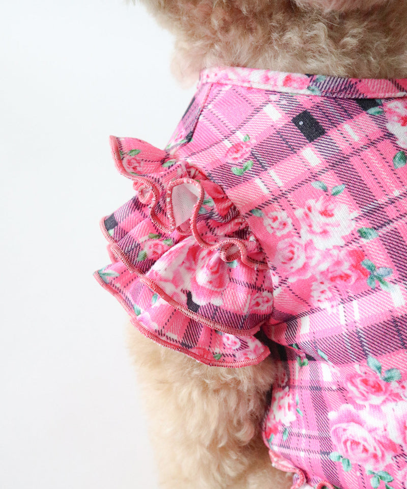 メール便】花柄×ピンクチェック柄フリフリTシャツ姫ギャル犬服