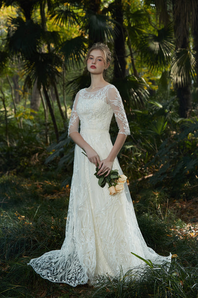 刺繍レース 七分袖 Aラインドレス（W213）