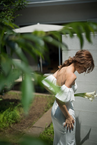 オフショルダー ボリューム袖 サテン ソフトマーメイドドレス（W225）