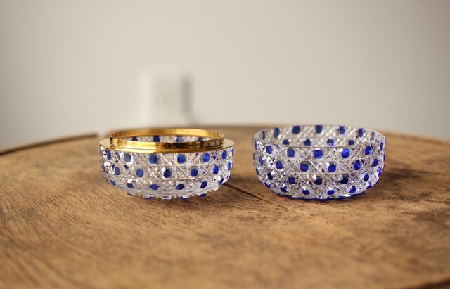 江戸切子 堀口硝子 須田秀石 瑠璃被 籠目紋 蓋物/棗 共箱 Y044｜骨董店