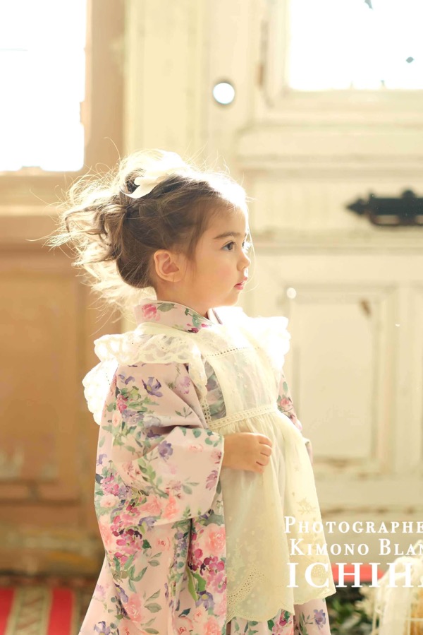 3歳七五三レンタル エプロン付セット ボタニカルピンク