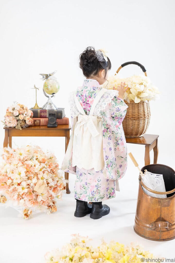 3歳七五三レンタル エプロン付セット ボタニカルピンク
