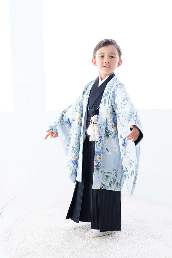 5歳七五三袴 レンタル ガーデン 水色 黒金袴