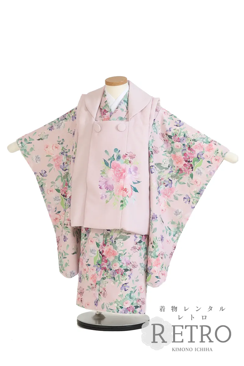 3歳七五三レンタル エプロン付セット ボタニカルピンク