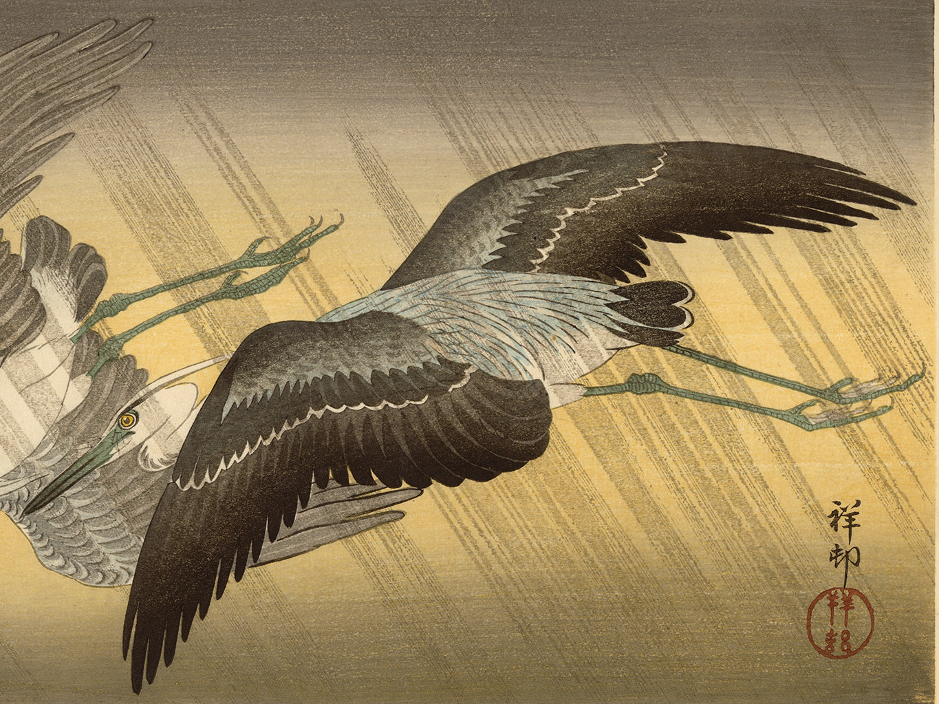 小原古邨 : 雨の中を飛ぶ二羽の灰色のサギ (売却済) – Egenolf Gallery