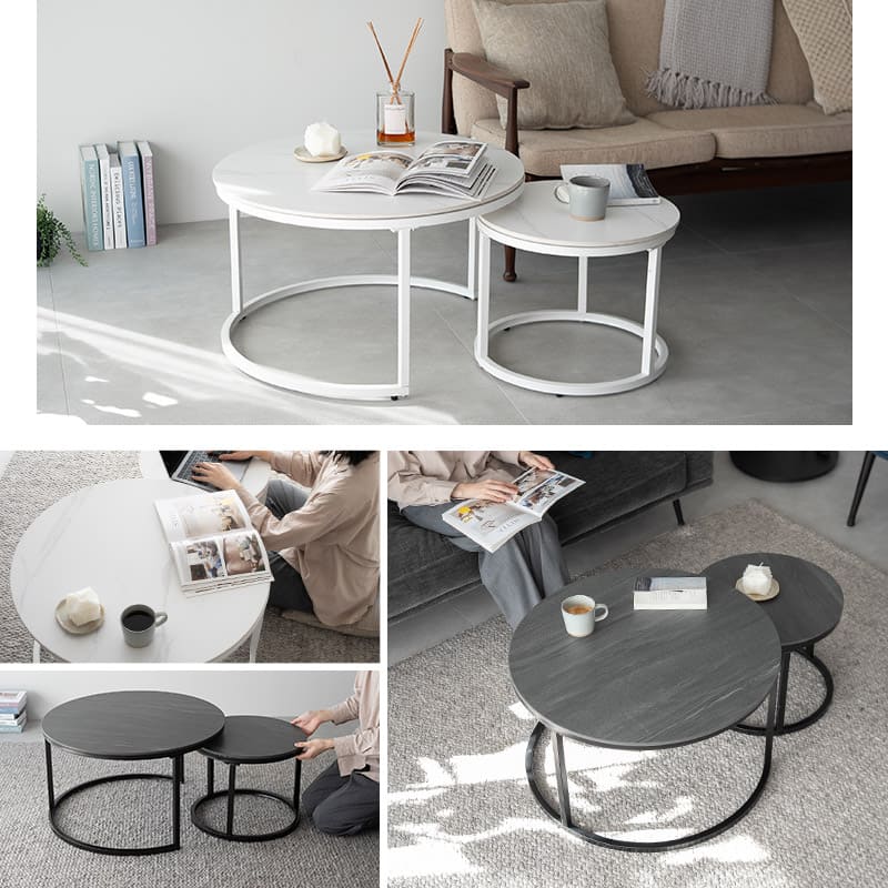 ネストテーブル 直径72cm 円形 丸型 ラウンド セラミック 大小 石目調