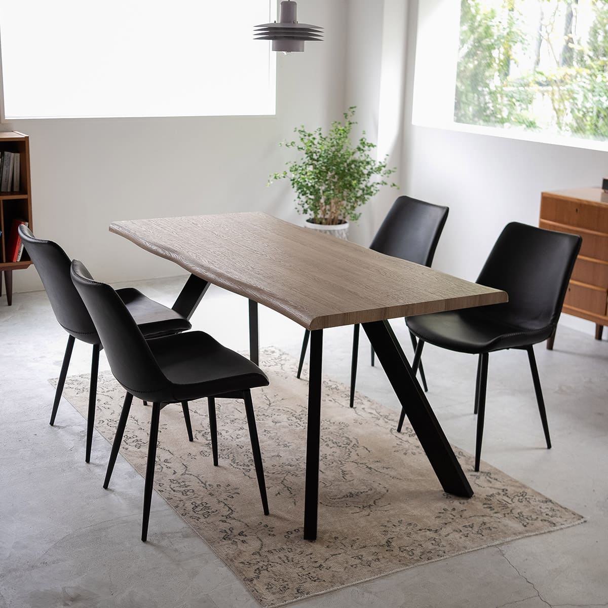 ダイニング5点セット 4人掛け テーブル チェア 食卓用 一枚板風 レザー