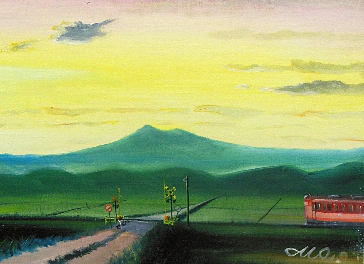 夕焼けのローカル踏切風景 f-6号」 by 渡辺 正重｜Artmeter｜暮らしを