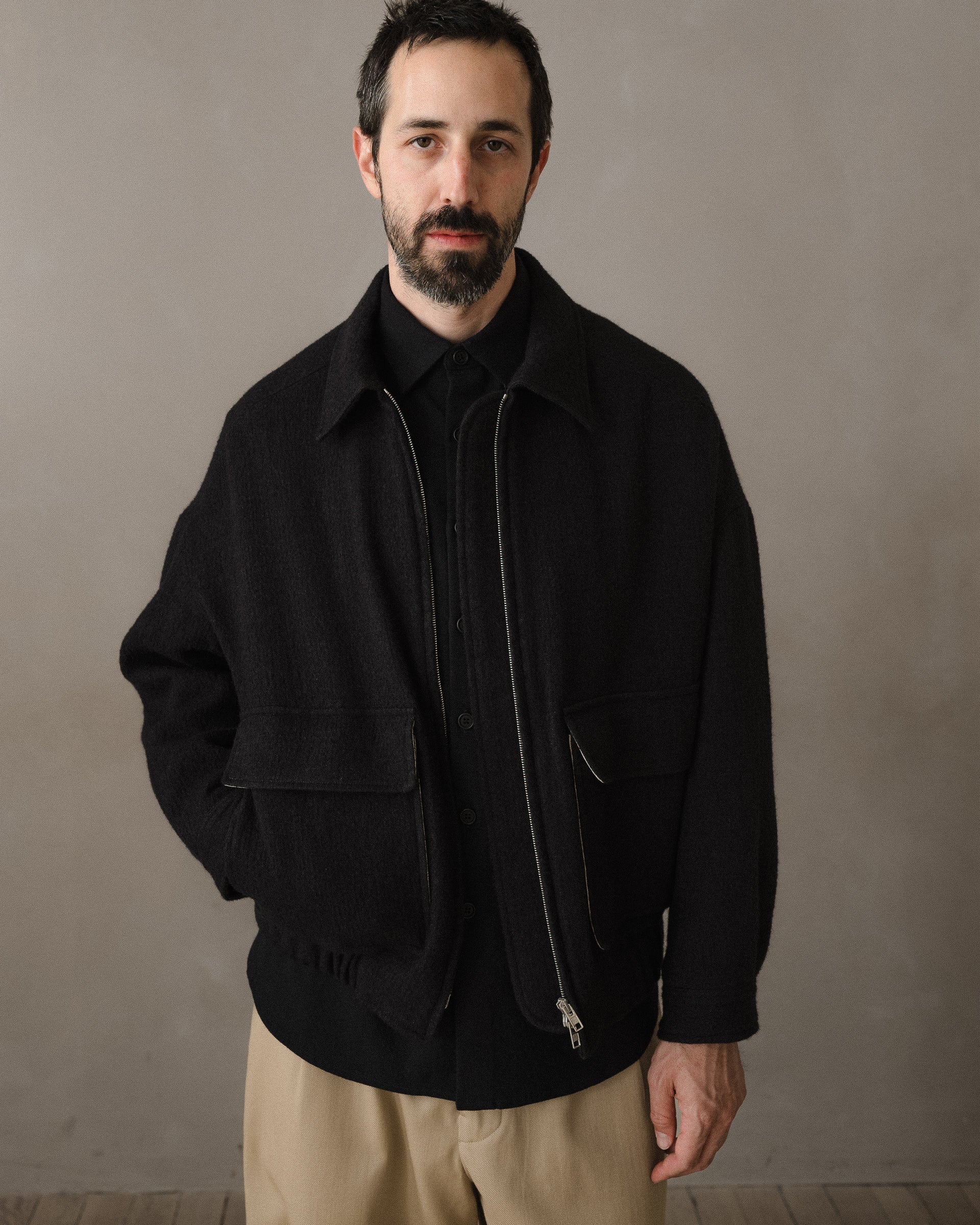 Zip Jacket Two - Brushed Wool/Linen, Black – evan kinori