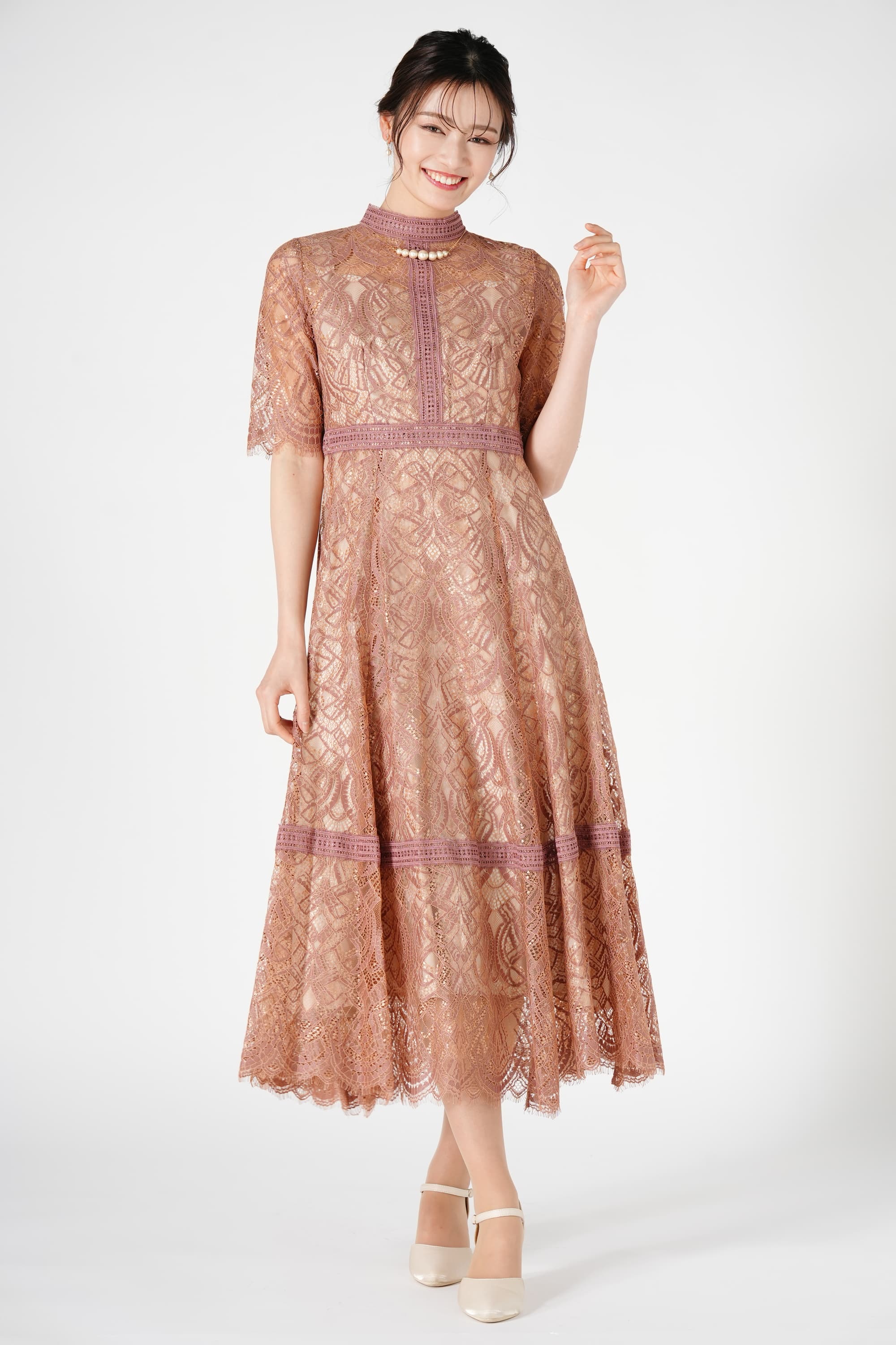 Dorry Doll ハシゴレース切り替えスモークピンクドレス (M) をレンタル