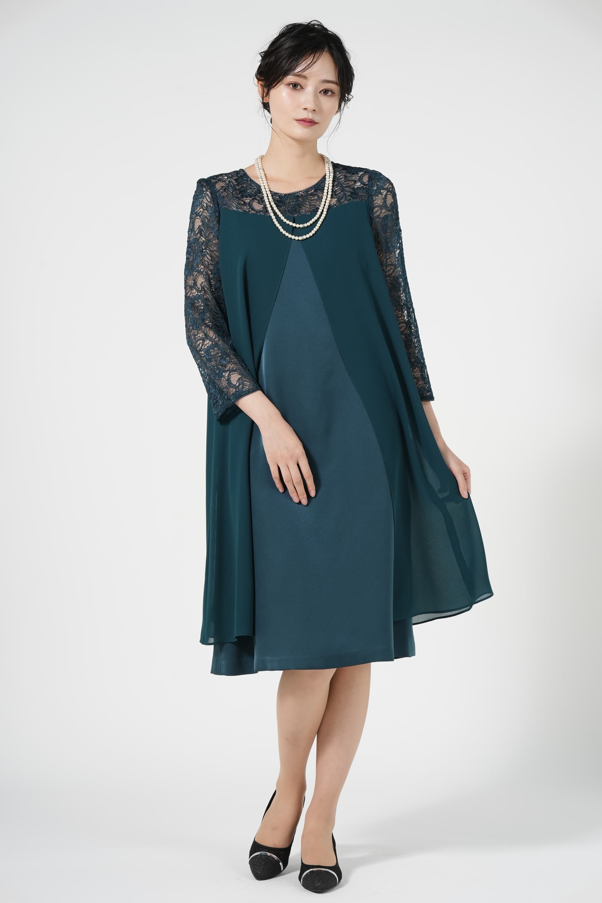 Apploberry 東京ソワール レース袖付きジョーゼットグリーンドレス (M