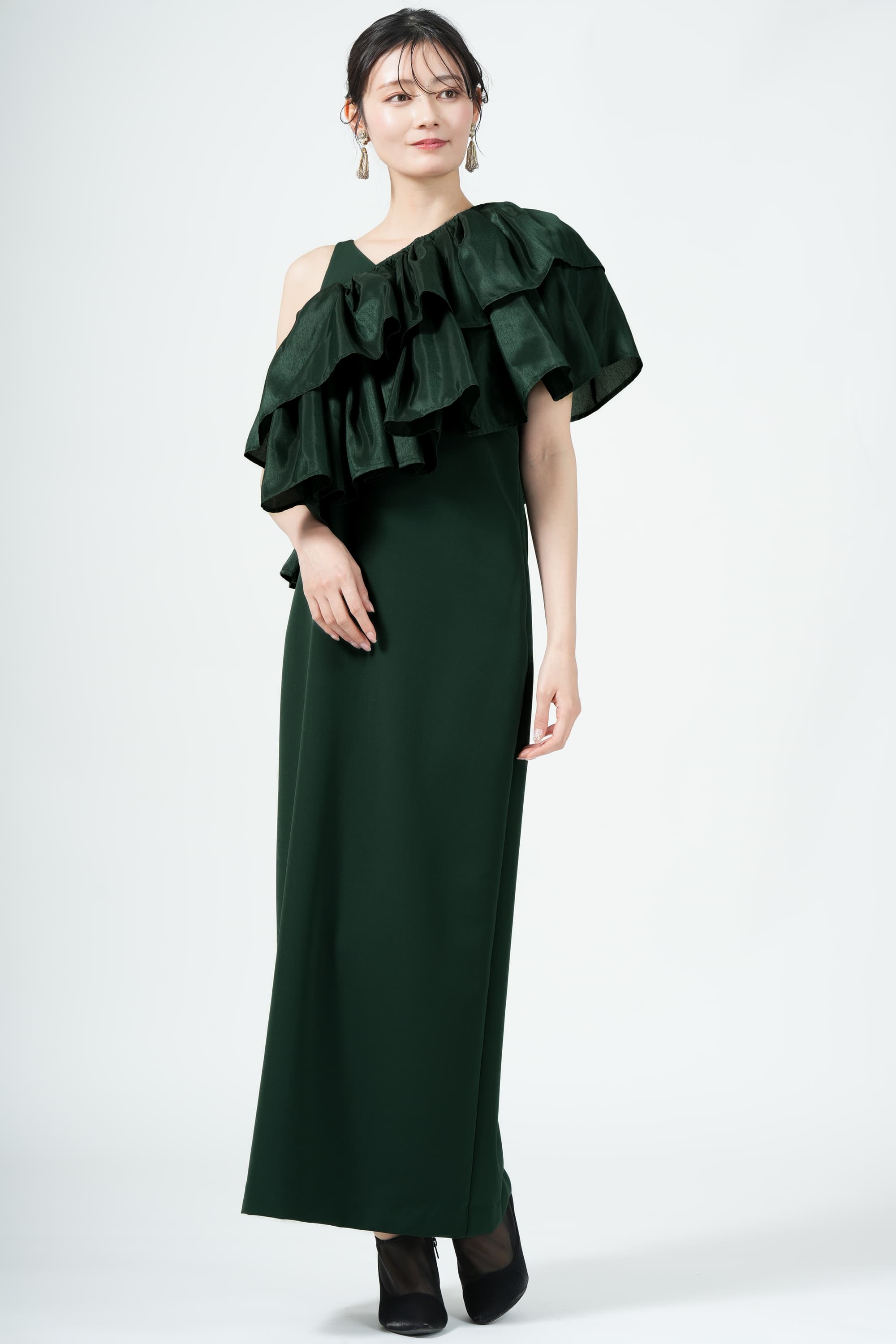 Ameri VINTAGE 光沢ティアードレイヤードグリーンドレス (M) を