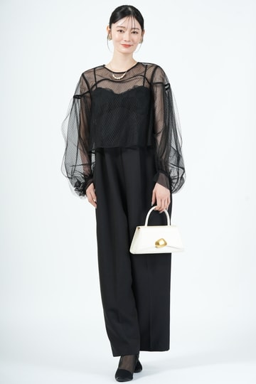 Ameri VINTAGE ネットチュールブラウス付きブラックパンツドレス (M