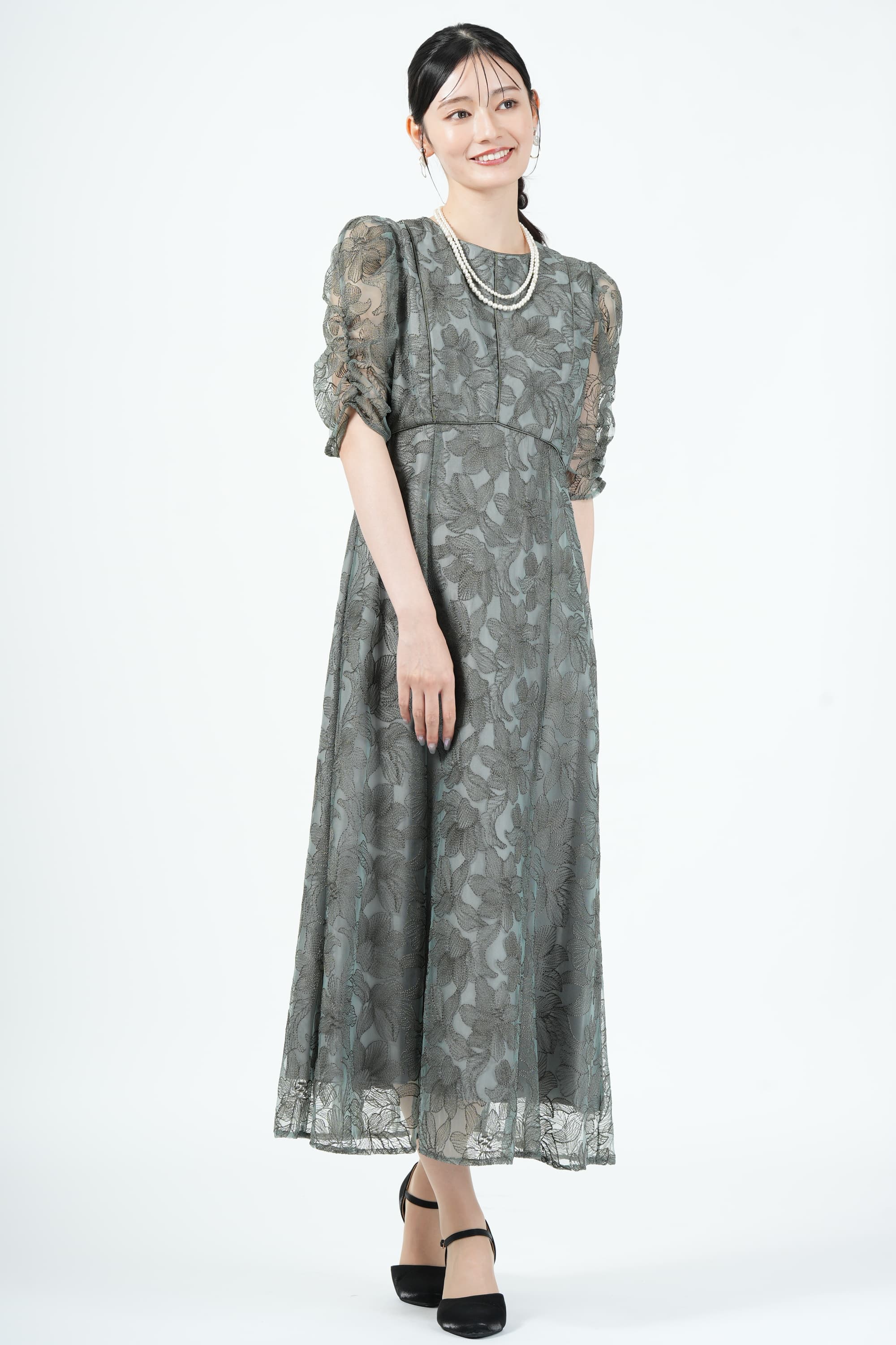 AIMER アマリリス柄レースグリーンドレス (S) をレンタル - 結婚式