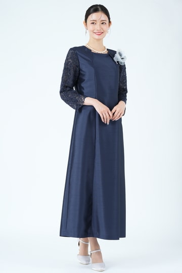 Yukiko Kimijima 東京ソワール レース袖フォーマルネイビードレス (M