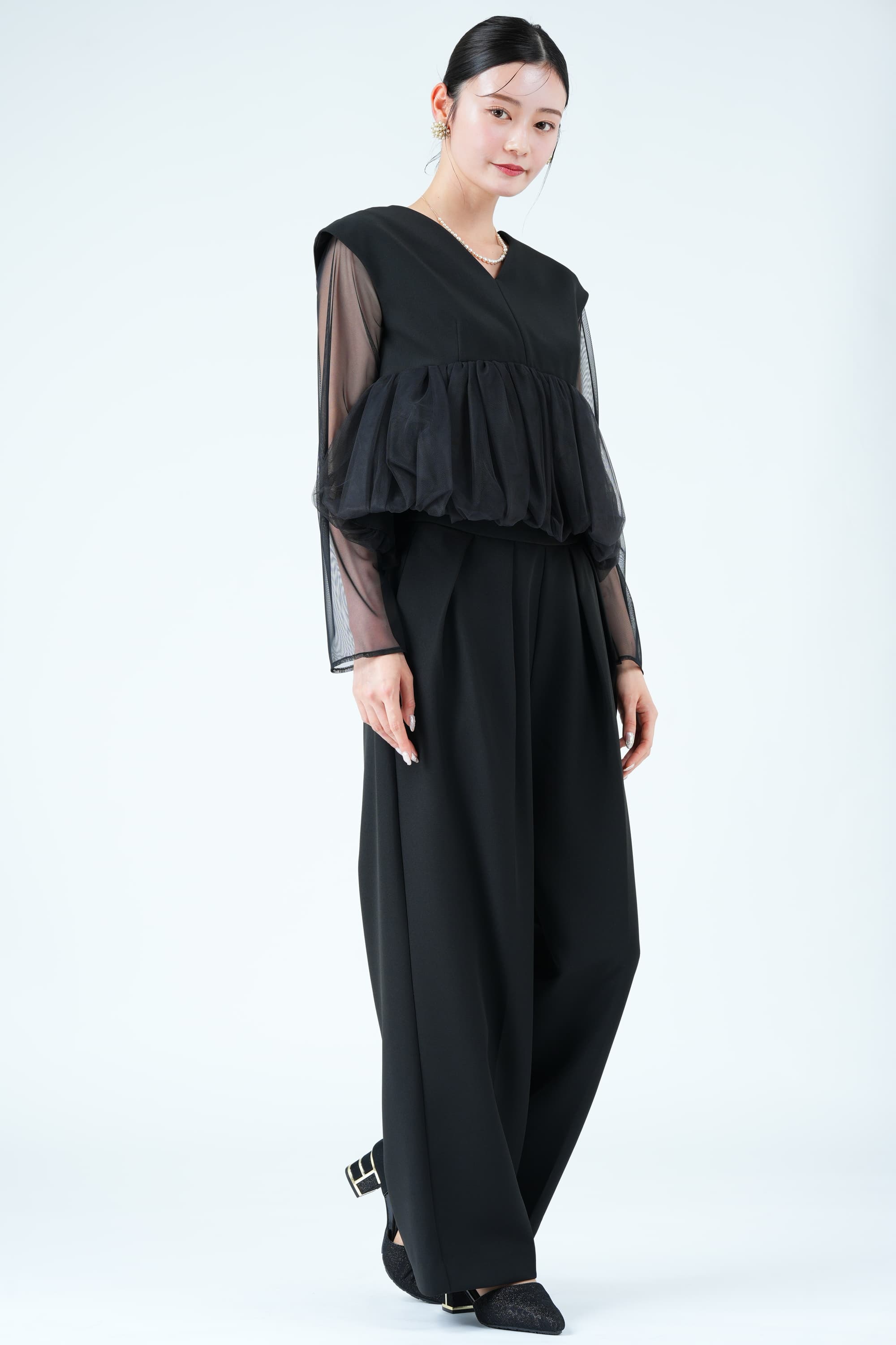 ANDRESD バルーンペプラムブラックパンツドレス (L) をレンタル - 結婚