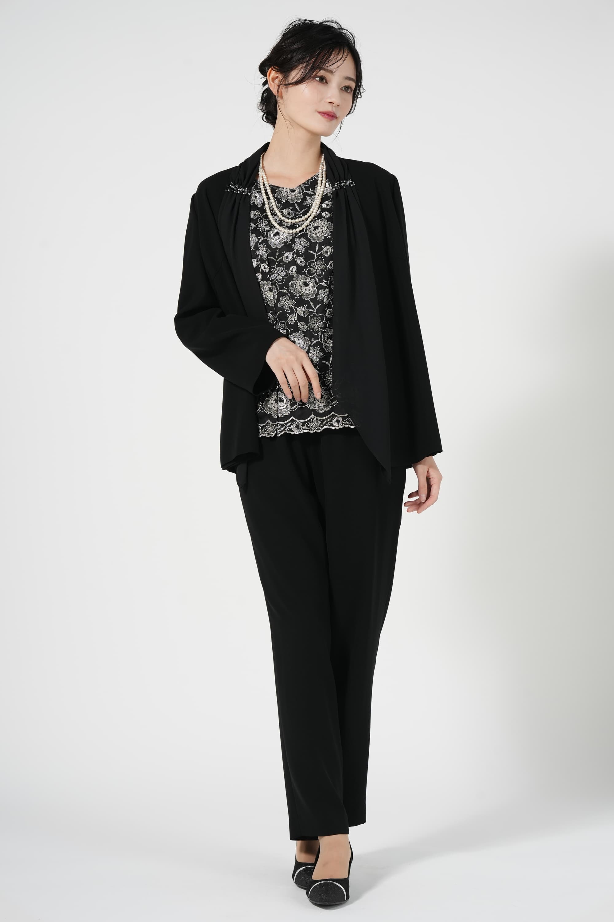 RIFANNE 東京ソワール エレガント刺繍ブラックパンツドレスセット (M