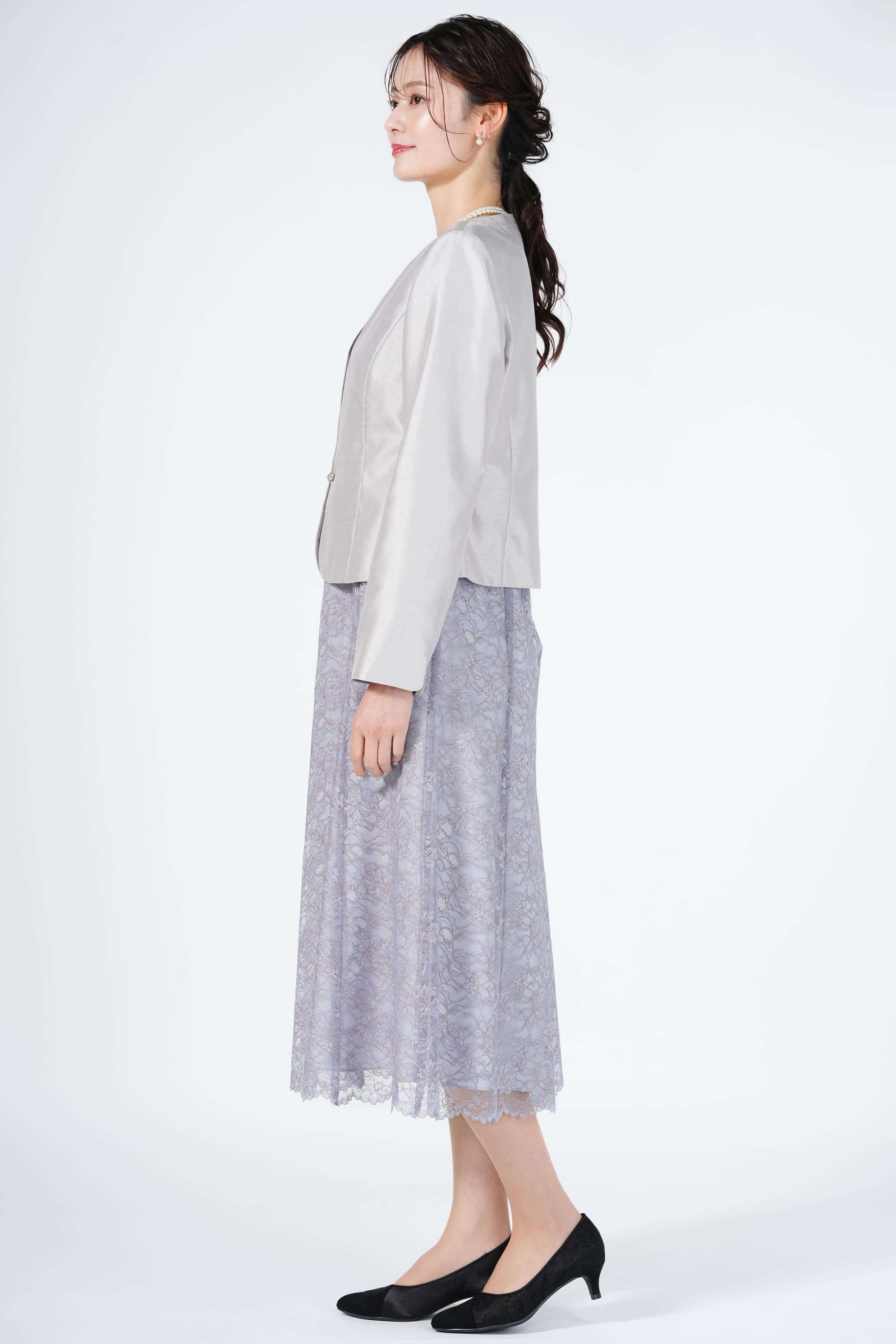 RIFANNE 東京ソワール スカラップ裾レースくすみブルードレスセット (M