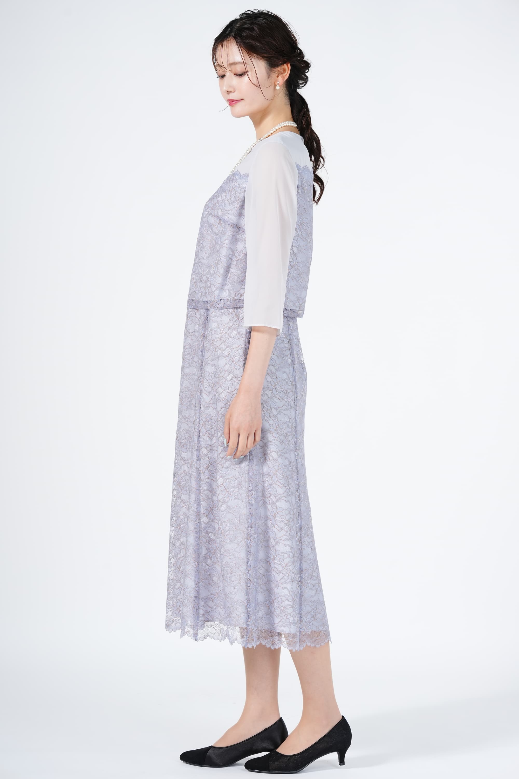 RIFANNE 東京ソワール スカラップ裾レースくすみブルードレスセット (M