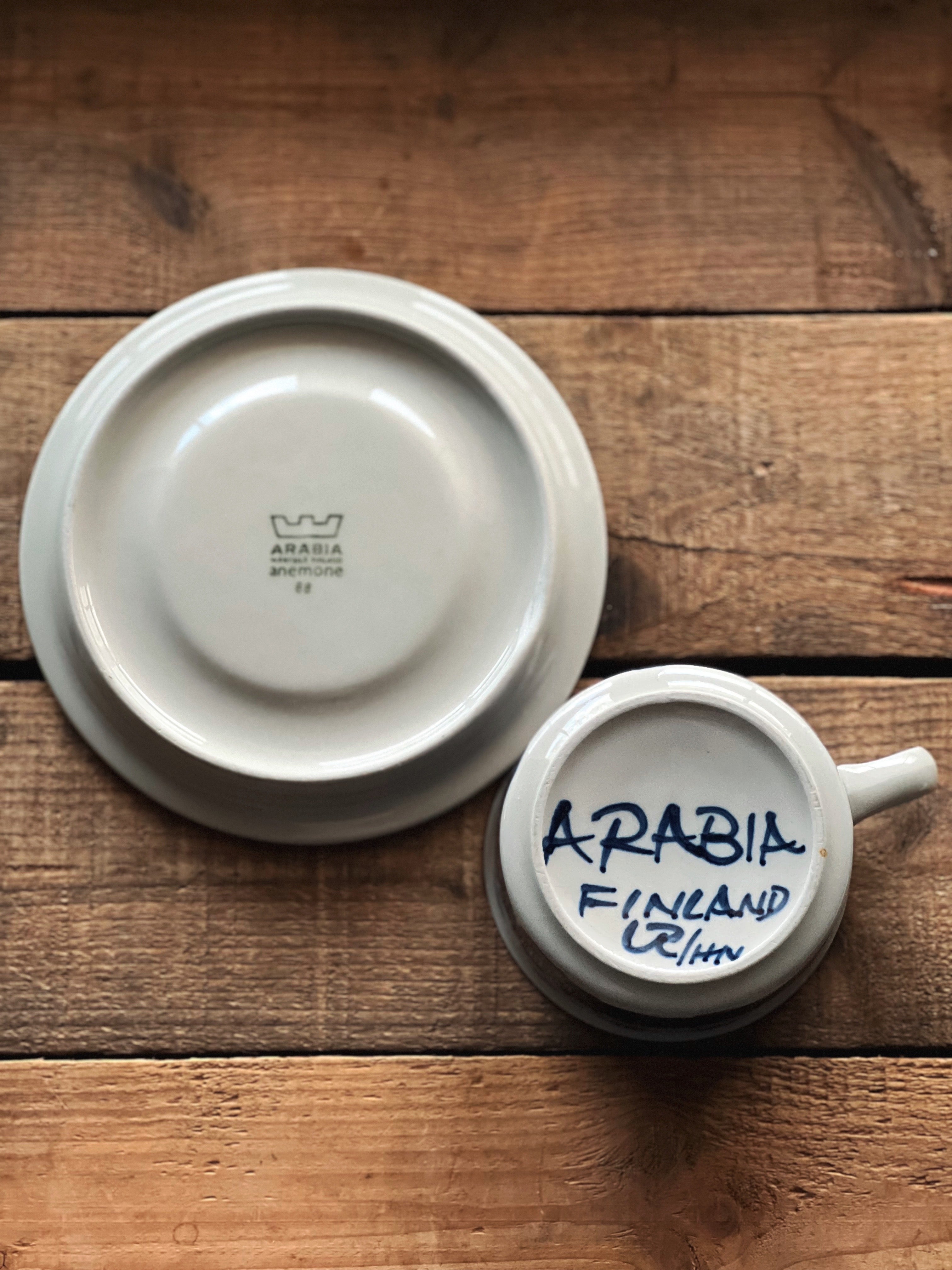 Vintage Arabia of Finland Anemone Blue Flat Cup & Saucer Set