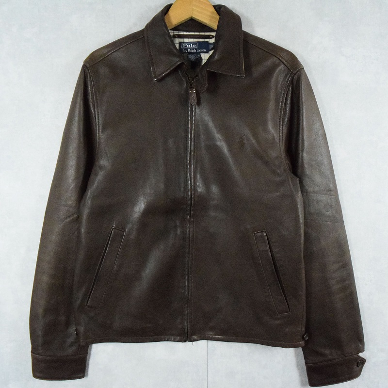 ポロラルフローレン ロゴ刺繍 革ジャン 本革 茶色 ブラウン チンスト