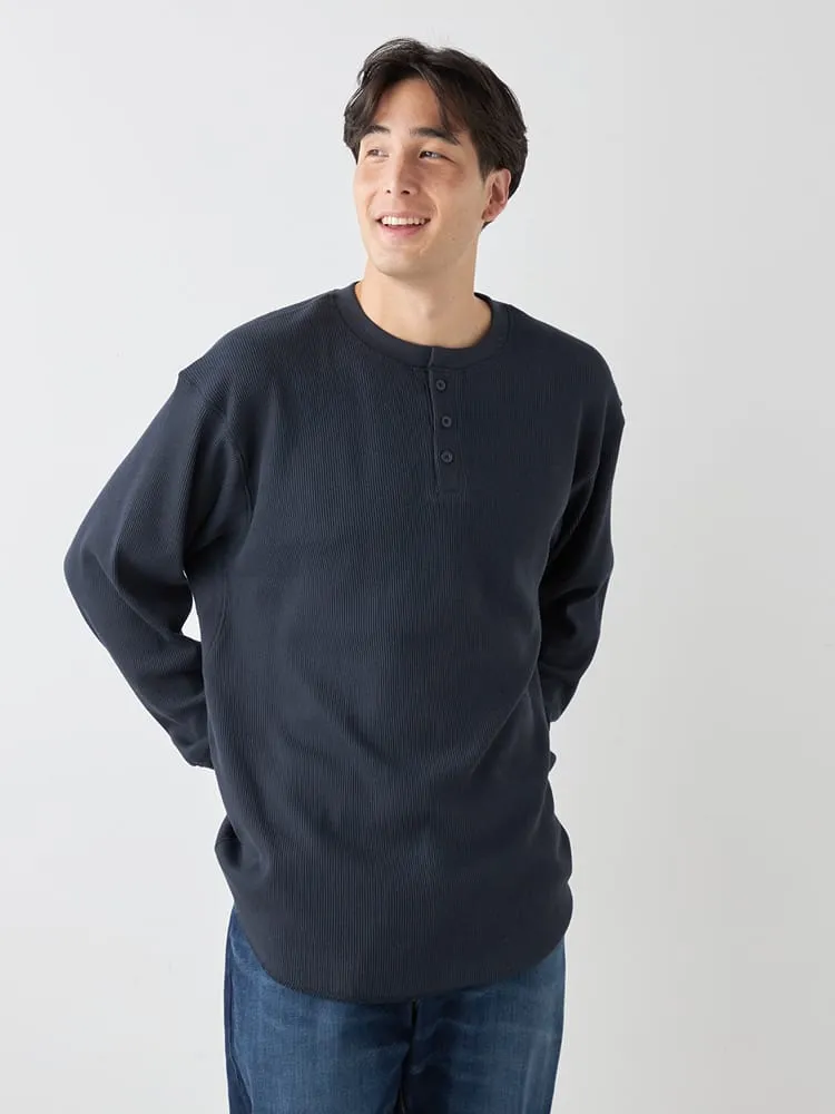 ネイビー 【EL.FO】無地ワッフル編みヘンリーネック長袖Tシャツ