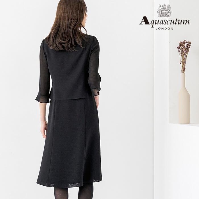 絽｜シルク混素材のフリルカラー夏用ワンピース 9号・ブラック｜東京