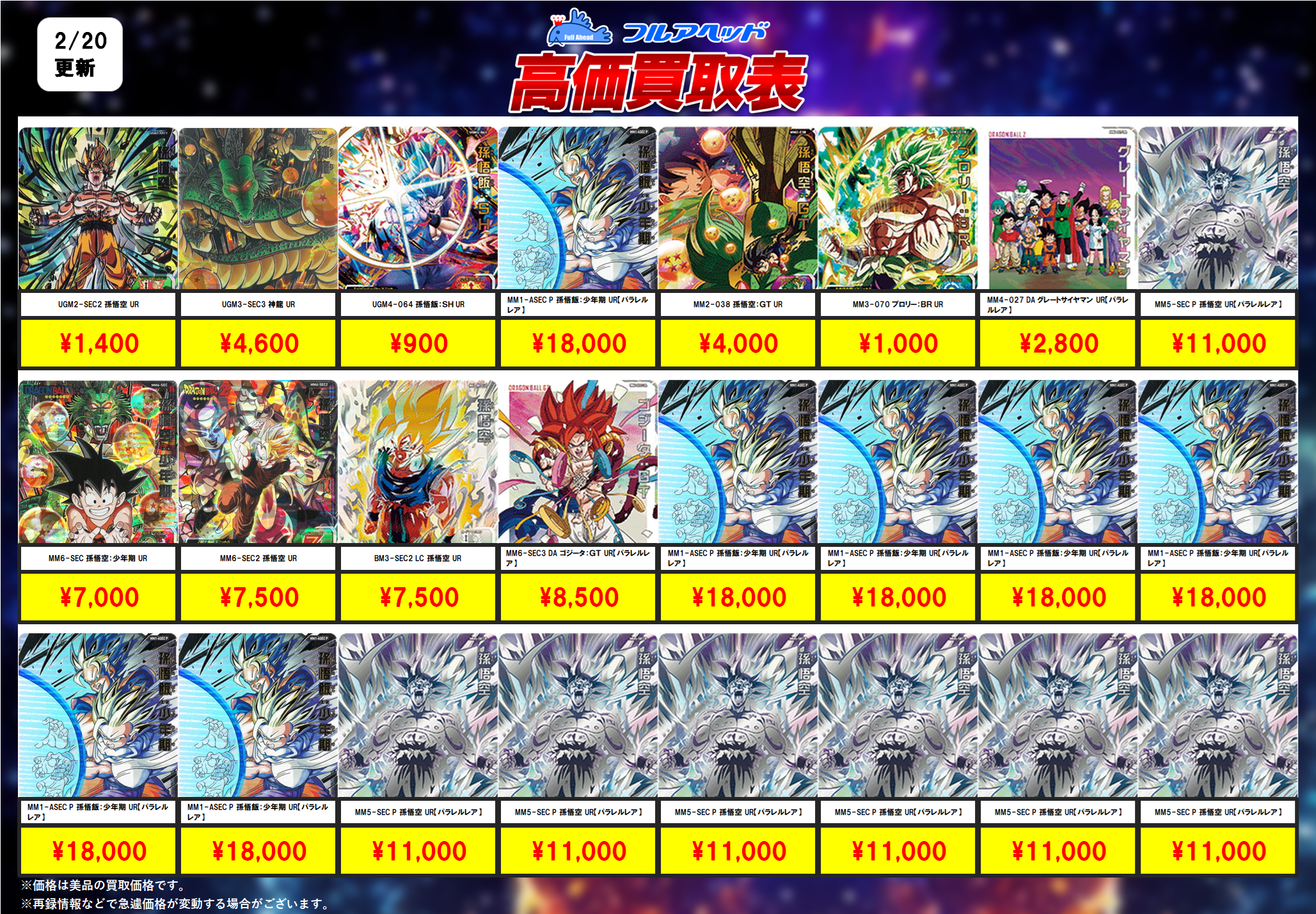 スーパードラゴンボールヒーローズ – 【フルアヘッド】高価買取表