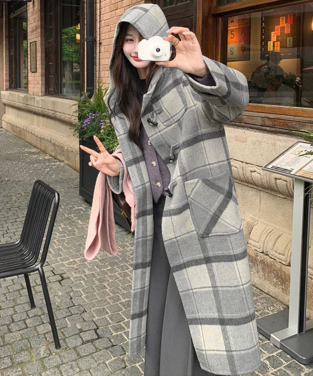 チェック柄ファッション リバーシブル中綿ロングコート ロングコート